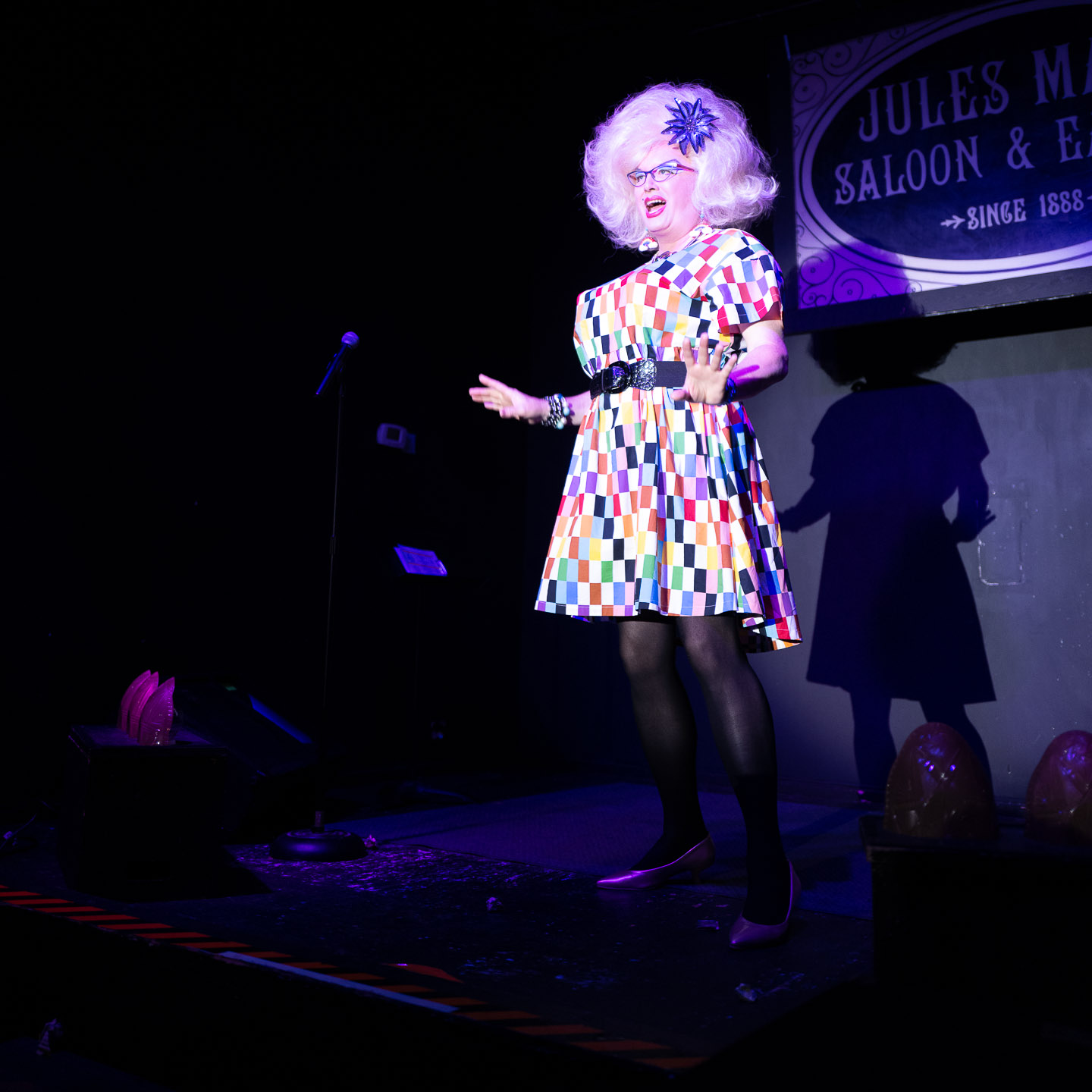 Sylvia O'Stayformore in a Target Pride dress and shoes from Dina Martina